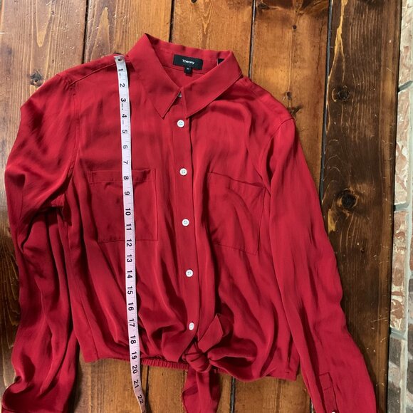 Theory Stretch Silk Women's Tie-Front Red Medium Long Sleeve Button Shirt Blouse - Picture 11 of 14